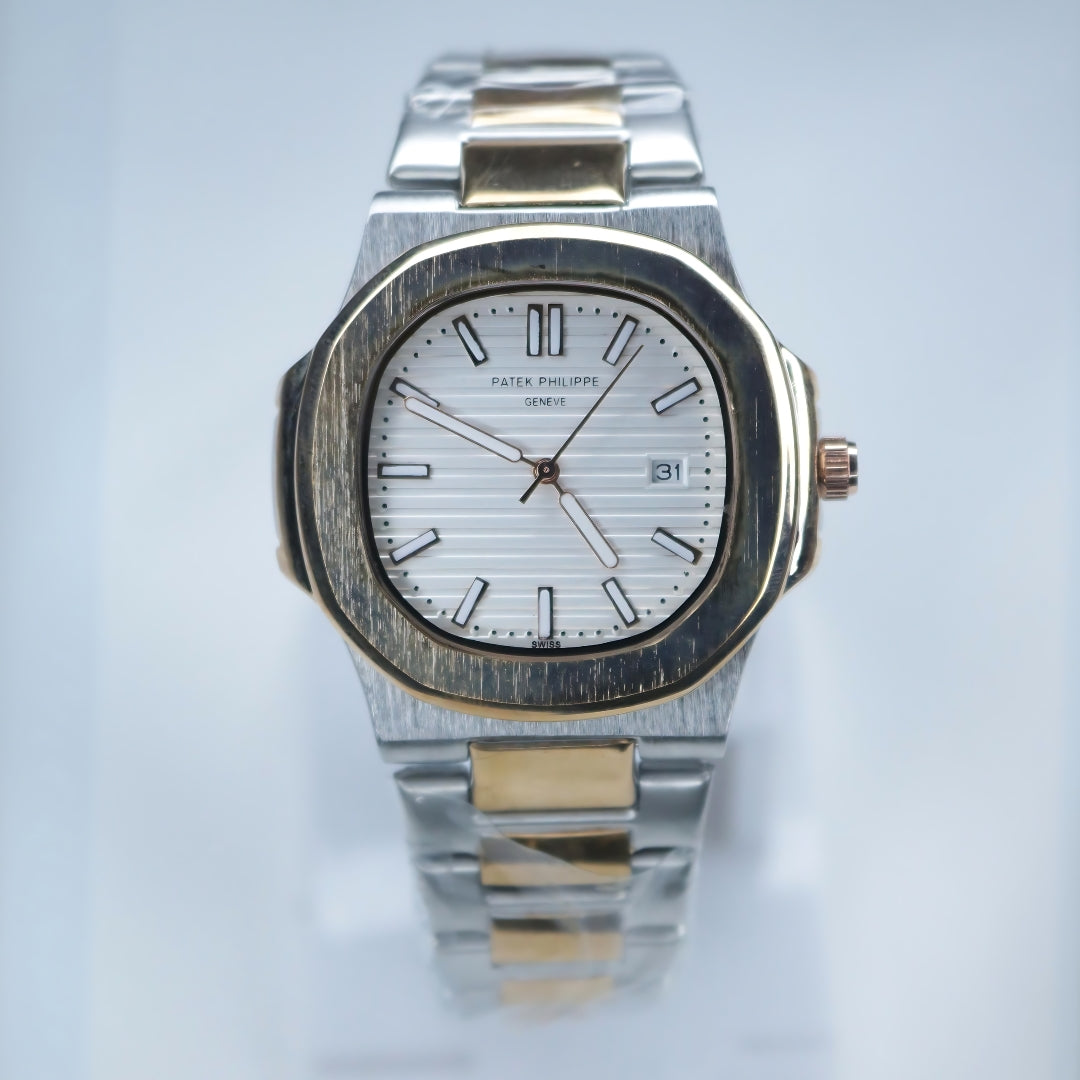 Men's Watch: Sleek Silver Case with White Dial and Strap