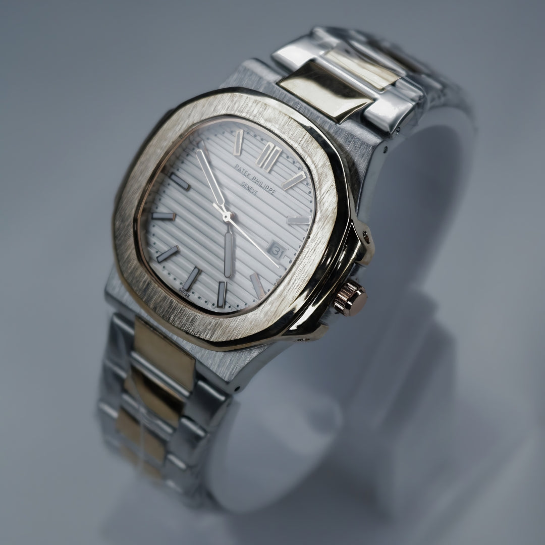 Men's Watch: Sleek Silver Case with White Dial and Strap