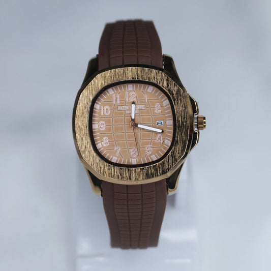 "Men's Watch: Brown Silicone Strap with Gold Dial